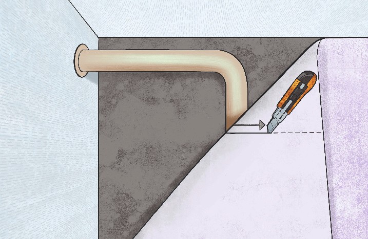 Illustration, die zeigt, wie PVC um Heizungsrohre geschnitten wird.